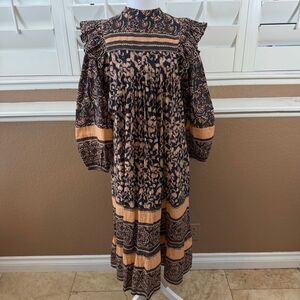 Bindu Block Print Prairie Dress Boho Cottagecore Indian Print Flowy Peasant Sz M